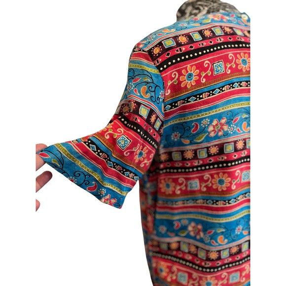 Vintage 90s Alfred Dunner Silk Top‎ Short Sleeve Aztec Floral Flowy Red Blue 10 - Picture 9 of 16